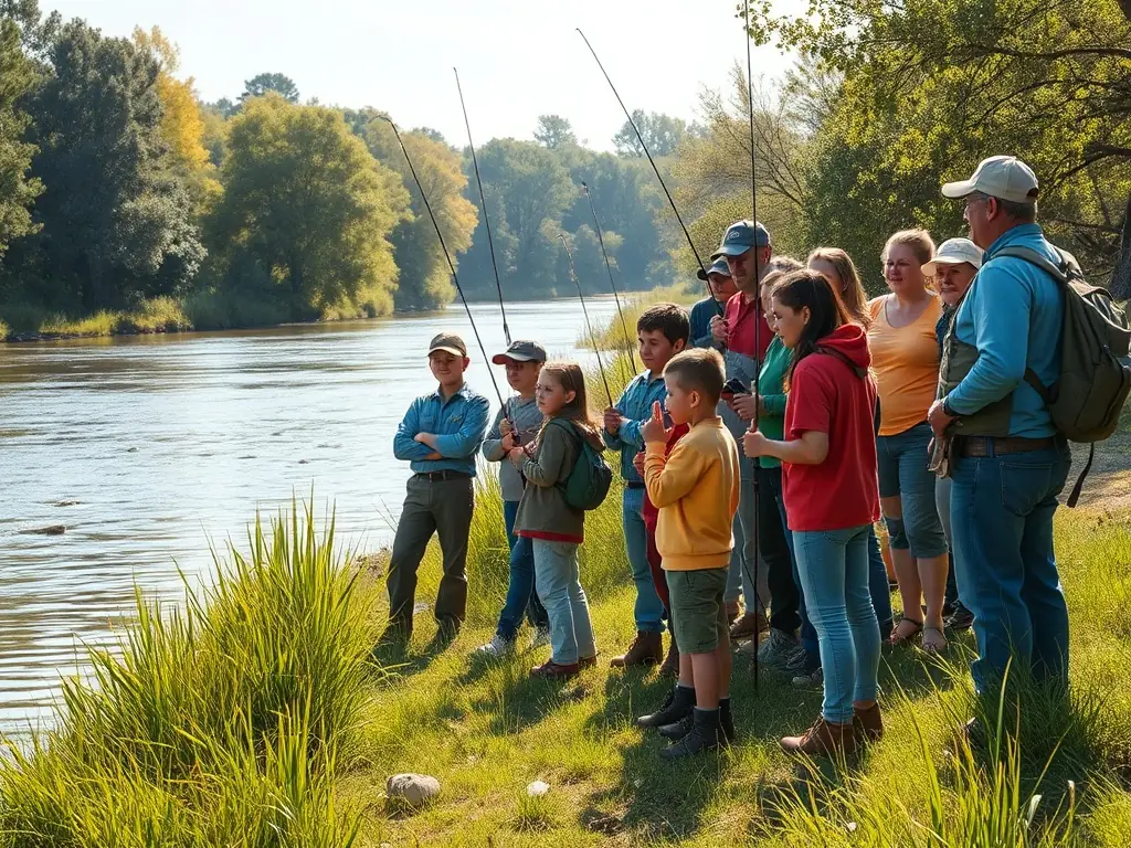 A group of anglers, young and old, participating in a fishing lesson by a knowledgeable instructor near a tranquil river.