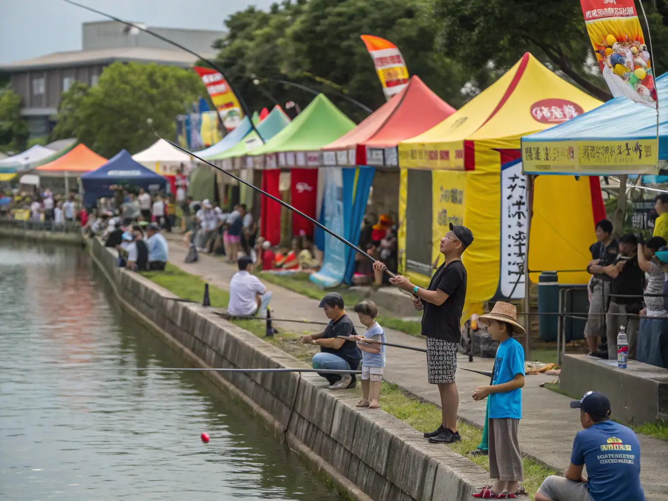 A vibrant scene of an angling event, showcasing participants of all ages competing and enjoying the thrill of the catch in a scenic lake setting.