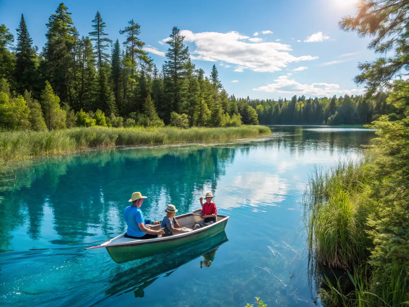 A joyful image of a family enjoying a recreational fishing day by a lake, with children laughing and parents assisting them in catching fish.