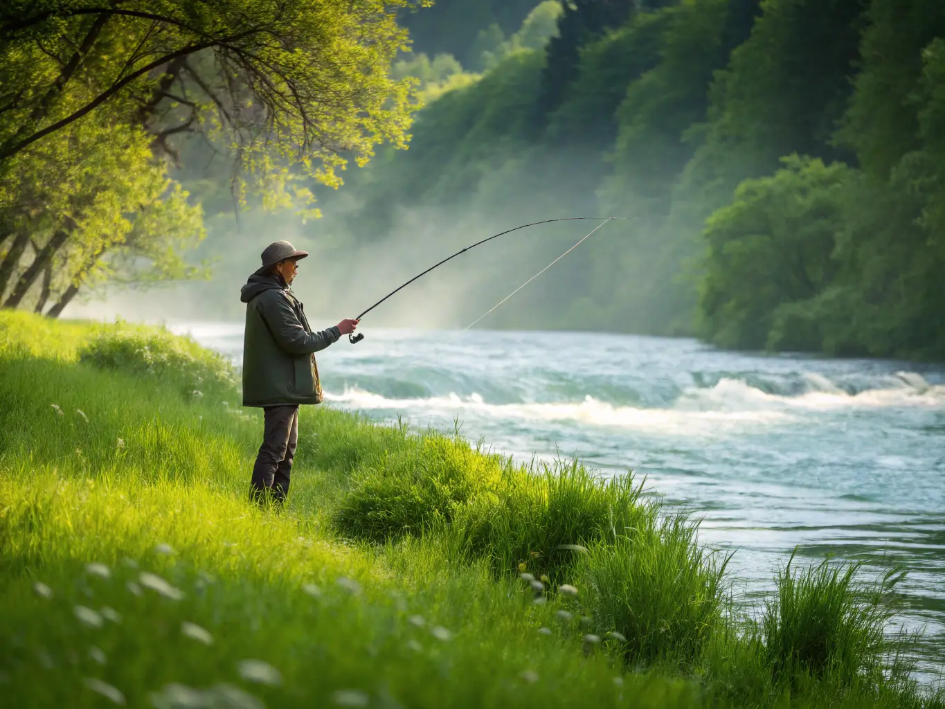 A serene image of a fishing workshop, with participants learning about different fishing techniques from an experienced instructor by a calm river.
